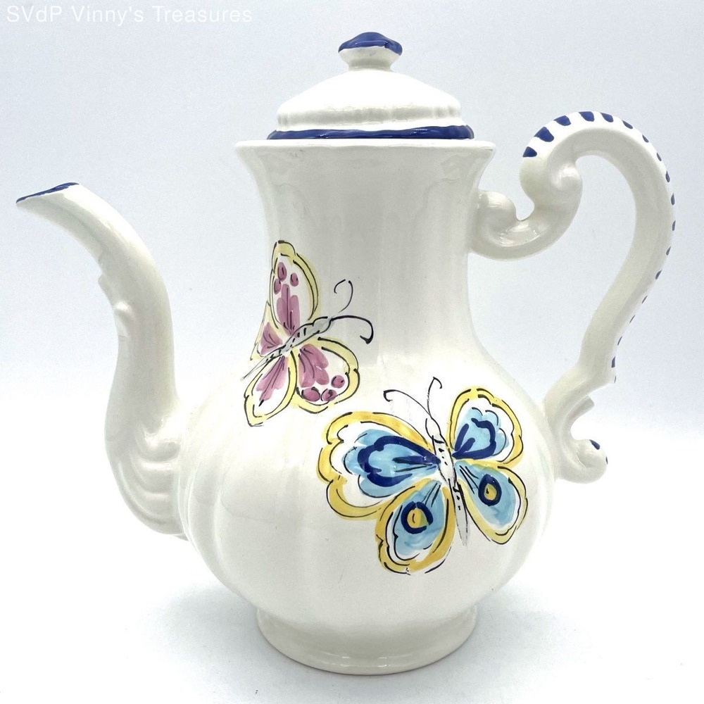 VTG Y2K Italian Faenza Maioliche Hand Painted Butterfly Tea Ceramic Pitcher